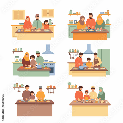 Muslim Families Cooking Together in Kitchens. Flat Illustration Set of Parents and Children Preparing Food.