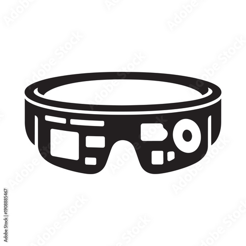 A minimalist black and white silhouette depicting a modern pair of virtual reality glasses or goggles
