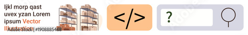 Logistics, programming, problem-solving, search, warehouse management, technology. Rows of shelves, coding symbol question mark in a box and magnifying glass. Logistics and programming symbolic