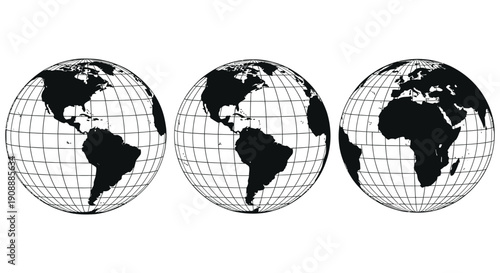 Three distinct globe views displaying world continents across different map projections and latitudes