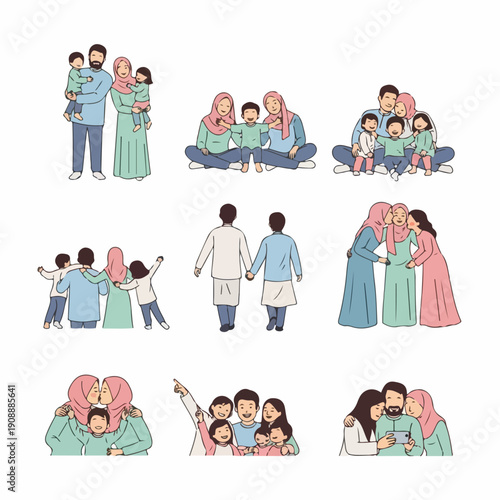 Happy Muslim Family and Relationship Vector Illustrations Set, depicting parenting, sibling bonding, couples, and friendship in diverse poses.