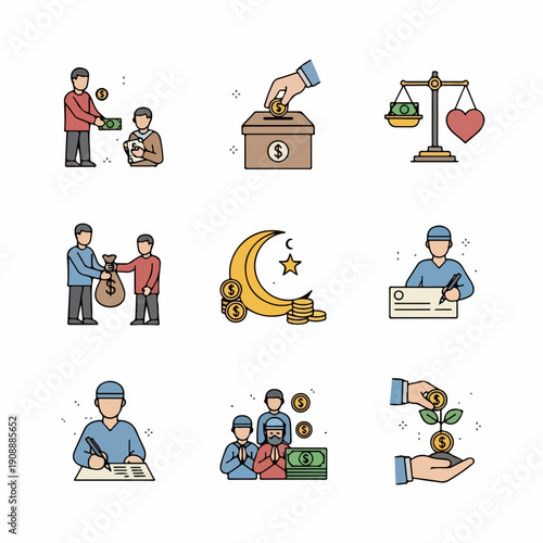 Charity and Islamic Zakat Icons Set. Flat vector illustrations of donation, giving money, philanthropy, alms, investment, and religious responsibility.