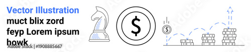 Financial growth, investment planning, business strategy, economic progress, wealth management, decision-making. Chess knight, dollar sign stacked coins upward arrows. Financial growth