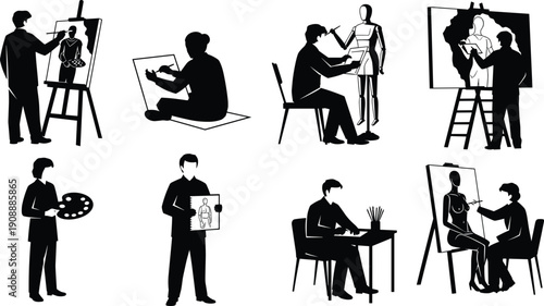 Black silhouette set of artists painting, sketching, sculpting, and drawing in studio scenes, creative people working on easels, mannequins, and canvases vector illustration collection