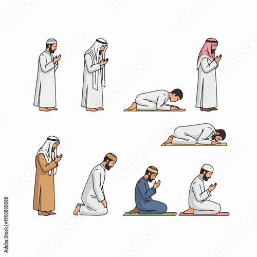 Illustrations of Muslim men demonstrating various postures of the daily Islamic prayer (Salah).