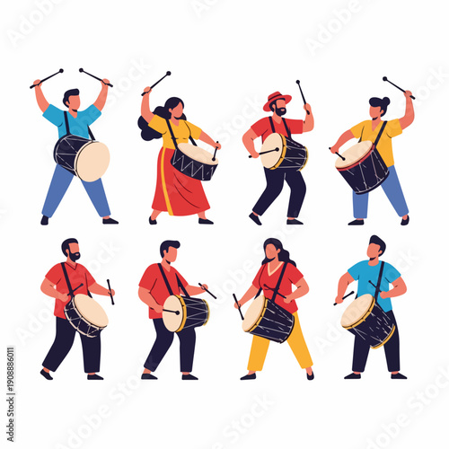 Diverse group of people playing large traditional Dhol drums, a vibrant percussion band performance flat vector illustration.