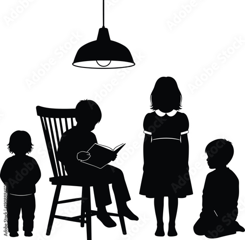 Children silhouettes reading and listening under hanging lamp, family education concept, bedtime story, learning atmosphere, childhood imagination, 