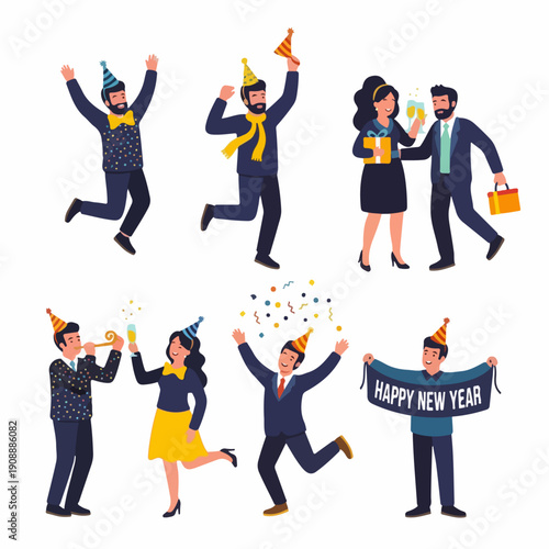 Happy people celebrating New Year's Eve party vector set, featuring men and women jumping, cheering, toasting champagne, and wearing festive hats.