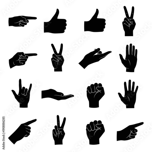 Collection of Black Hand Gestures Icons Silhouette on White Background