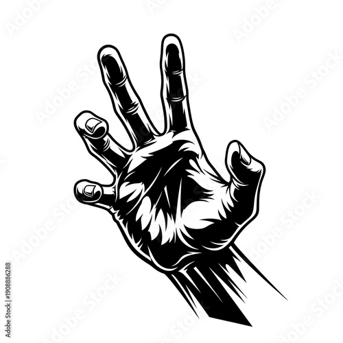 Close-up of a black and white illustration of a human hand reaching out with fingers spread.