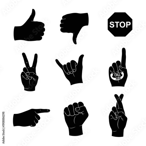 Collection of Hand Gestures Icons and Symbols on White Background