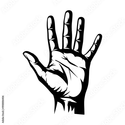 Human Hand Open Palm Five Fingers Gesture Black and White Illustration