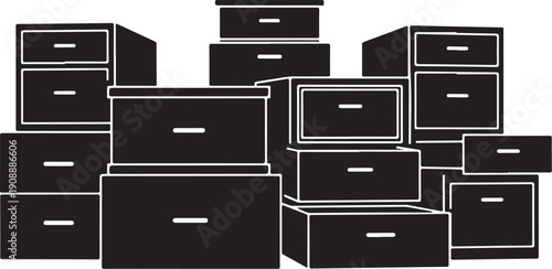 Black boxes stacked in a chaotic messy pile formation
