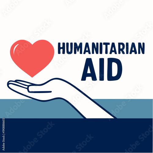 compassionate‑action energy; uplifted hand holding a bright red heart beside bold humanitarian aid text expressing compassion in action
