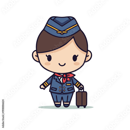cute flight attendant chibi character with suitcase and scarf illustration