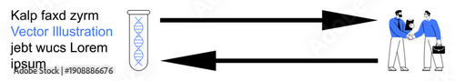 Genetic research, data exchange, professional services, biotechnology, collaboration, information transfer. DNA helix in a test tube with arrows pointing to two people shaking hands. Genetic research