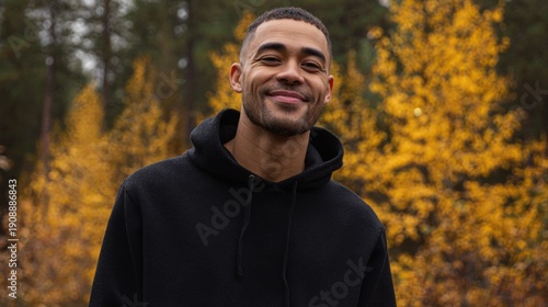 mixed race man front facing with plain black hoodie, mock up style, with fall forest smiling
