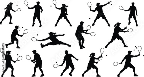 Collection of dynamic tennis player silhouettes in various action poses isolated on white background for sports design, fitness branding, and creative projects