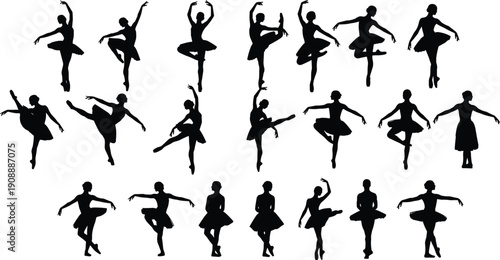 Collection of graceful ballet dancer silhouettes performing elegant poses and movements isolated on white background for dance education, artistic design, branding, and creative visual projects