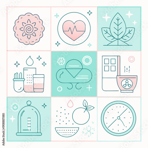 Delicate Duotone Lineart Wellness Icons 3x3 Grid Heart Leaf Breathing Candle Orange Slice Vector.