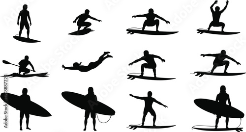 Collection of surfer silhouettes showing riding waves, paddling, jumping, and carrying surfboards, black vector illustration set for ocean sports, summer adventure, beach lifestyle, 