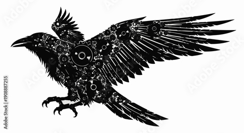 Intricate mechanical raven in flight, a blend of nature and machinery