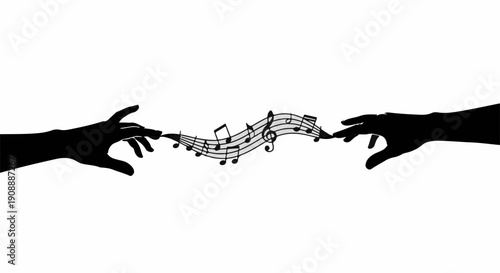 Two silhouetted hands reaching towards each other with musical notes flowing between them.