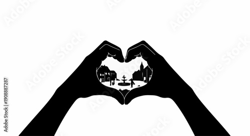 Hands forming a heart shape framing a silhouette of a charming town square, symbolizing love and community.