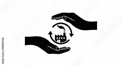 Hands protecting a factory with recycling arrows, symbolizing industry sustainability and care.