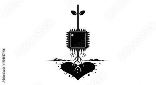 Digital growth from a heart-shaped circuit, symbolizing the fusion of technology and life.