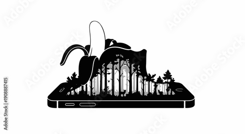 Surreal forest emerges from a smartphone, blending nature and technology in a creative concept.