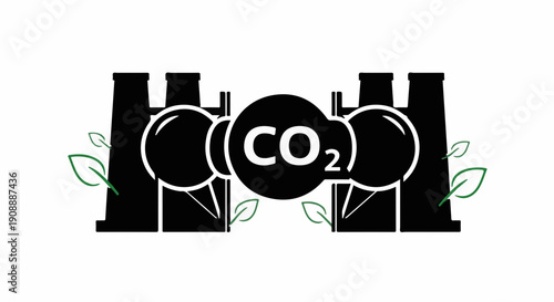 Industrial chimneys emitting CO2, symbolizing pollution and environmental impact with green leaves suggesting eco-awareness.