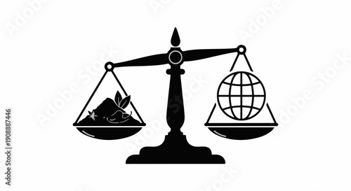 Scales of justice balance earth and natural resources, representing environmental balance.