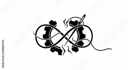 Abstract symbol of infinity formed by gears and thread, representing endless creation and interconnectedness.