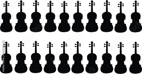 Seamless pattern of violin silhouettes arranged in rows, black vector illustration for classical music background, orchestra design, instrument texture, and creative musical wallpaper concept