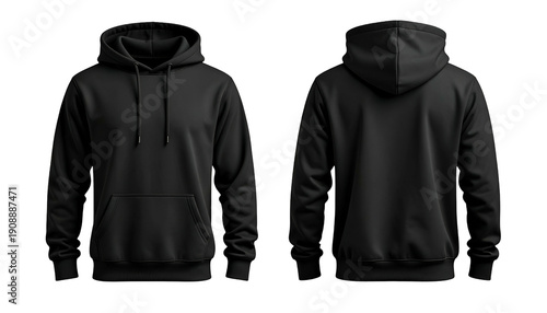 Front and back views of a plain black hooded sweatshirt on a dark background