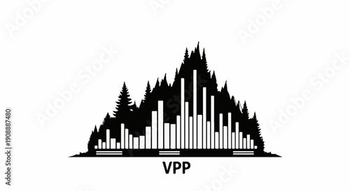 Abstract mountain range with forest silhouette and sound wave pattern