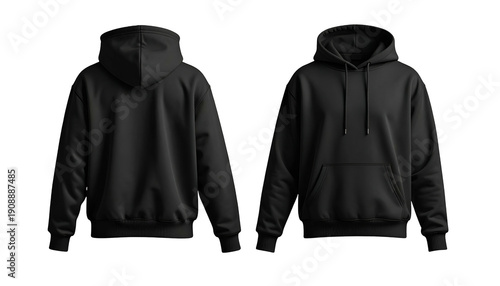 Front & back view of a plain black hooded sweatshirt with strings and a front pocket