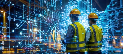 Safety-vested engineers view futuristic blue digital network interface in industrial area