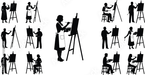 Set of artist and painter silhouettes creating artwork on easels with brushes and palettes, showing creative process in studio on white background, fine art illustration collection