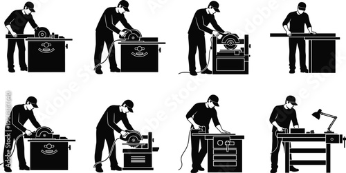 Set of black silhouettes showing carpenter and woodworker using table saw and cutting machines in workshop, professional woodworking and furniture manufacturing process concept, 