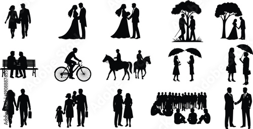 Set of black silhouettes showing couples, families, friends, and business people in daily life, romantic, social, and professional situations, human interaction concept, vector illustration