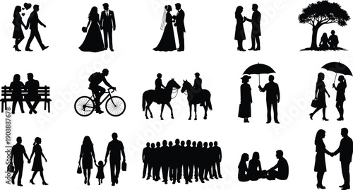 Set of black silhouettes showing couples, families, friends, and groups in romantic, social, and everyday life moments, love, relationship, and human interaction concept, vector illustration