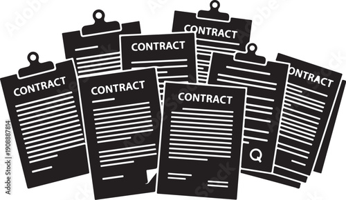 Multiple contract documents on clipboards in black and white