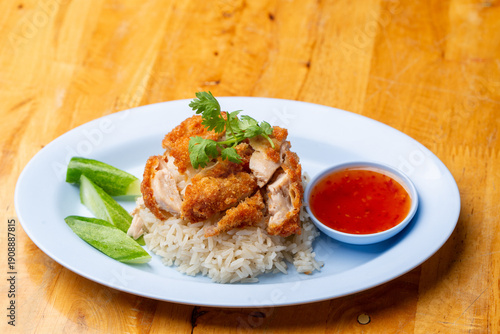 Thai Hainanese Chicken Rice with Crispy Chicken and Dipping Sauce