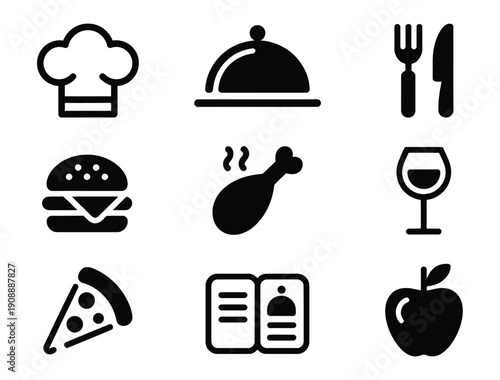 Restaurant icon set, food and dining symbols including chef hat, menu, cloche, cutlery, pizza slice, chicken drumstick, wine glass, burger, and apple for restaurant branding, m