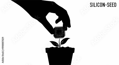 Hand planting a computer chip into a seedling, symbolizing technological growth and innovation.