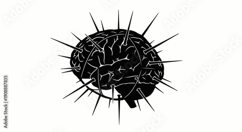 Black silhouette of a brain covered in sharp spikes, symbolizing mental pain or overload.
