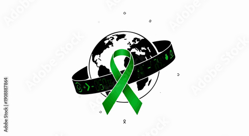 Green ribbon wraps around a stylized globe, symbolizing awareness and global support.