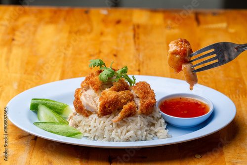 Thai Hainanese Chicken Rice with Crispy Chicken and Dipping Sauce